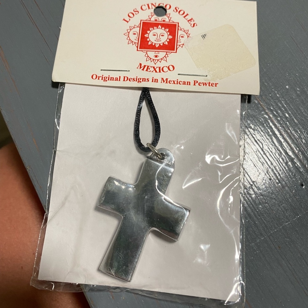 Los Cinco Soles Mexican Pewter Cross Necklace